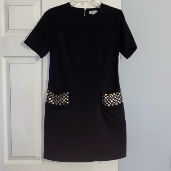Calvin Klein Black Short Sleeve A-line Dress With Studded Pockets NWOT - Picture 3 of 9